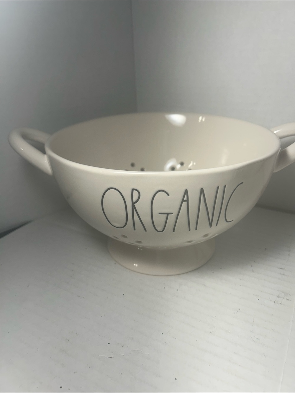 Rae Dunn Cream Ceramic Colander with "ORGANIC" Lettering